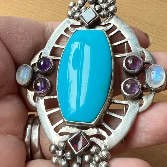 HUGE VINTAGE TURQUOISE AMETHYST GARNET MOONSTONE PENDANT PIN BROOCH 925STERLING